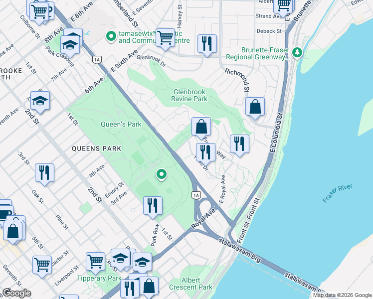 map of restaurants, bars, coffee shops, grocery stores, and more near 280 Ross Drive in New Westminster
