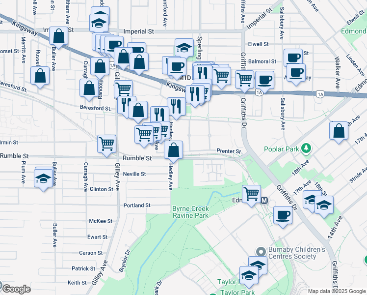 map of restaurants, bars, coffee shops, grocery stores, and more near 6689 Prenter Street in Burnaby