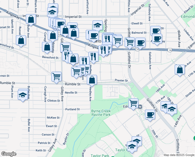 map of restaurants, bars, coffee shops, grocery stores, and more near 6691 Prenter Street in Burnaby