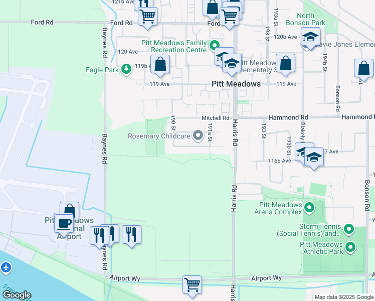 map of restaurants, bars, coffee shops, grocery stores, and more near 19050 117A Avenue in Pitt Meadows