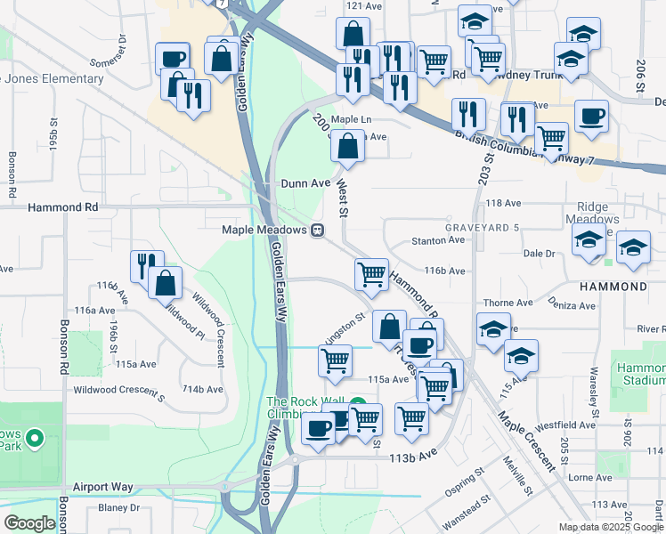 map of restaurants, bars, coffee shops, grocery stores, and more near 20050 Stewart Crescent in Maple Ridge