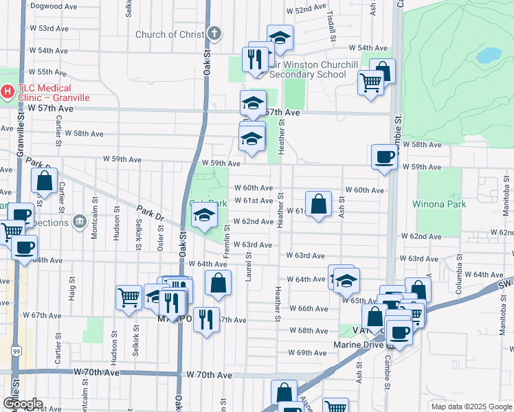 map of restaurants, bars, coffee shops, grocery stores, and more near 836 West 61st Avenue in Vancouver