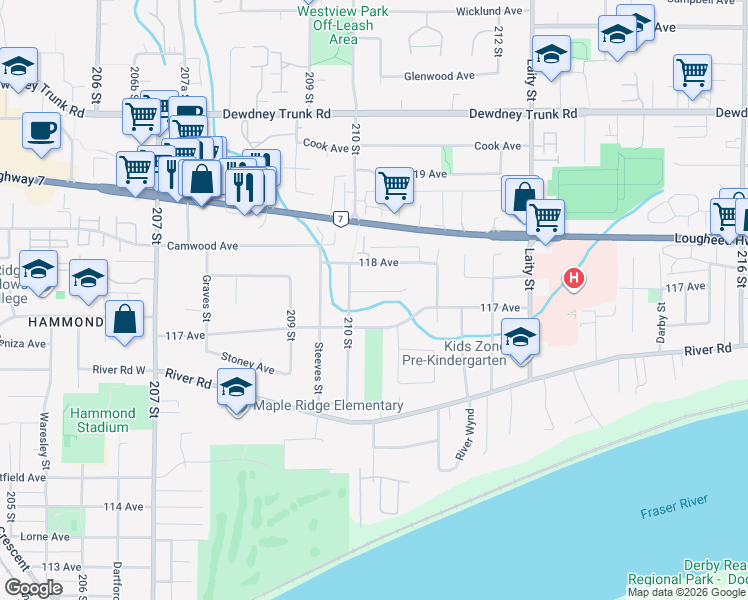 map of restaurants, bars, coffee shops, grocery stores, and more near 21019 117 Avenue in Maple Ridge