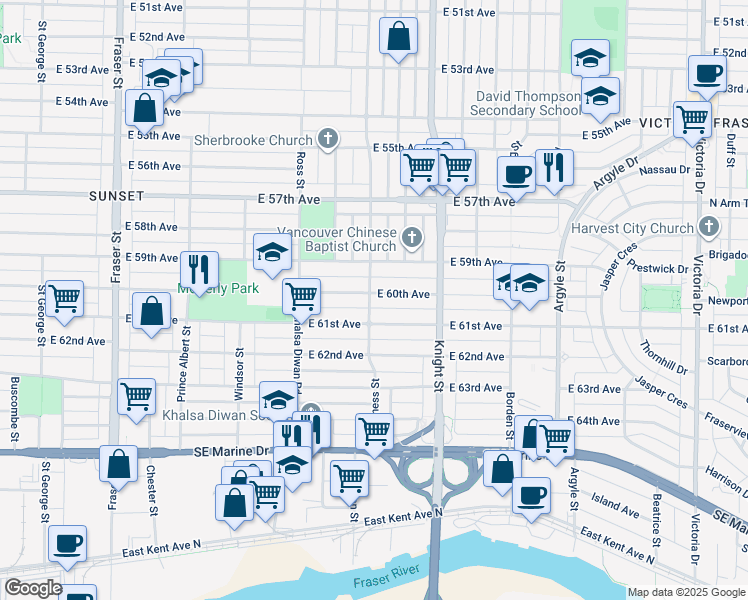 map of restaurants, bars, coffee shops, grocery stores, and more near 1306 East 60th Avenue in Vancouver