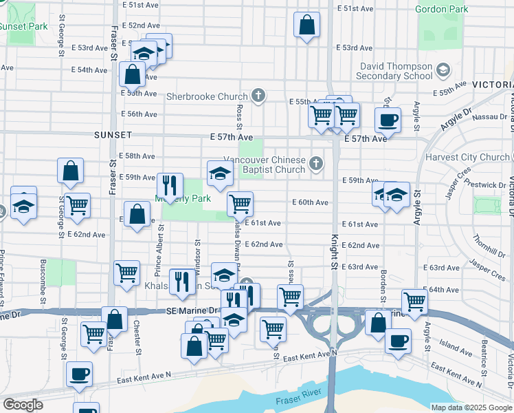 map of restaurants, bars, coffee shops, grocery stores, and more near 1176 East 60th Avenue in Vancouver