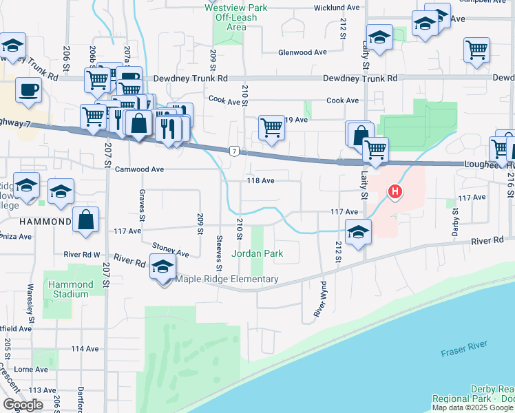 map of restaurants, bars, coffee shops, grocery stores, and more near 21034 Barker Avenue in Maple Ridge