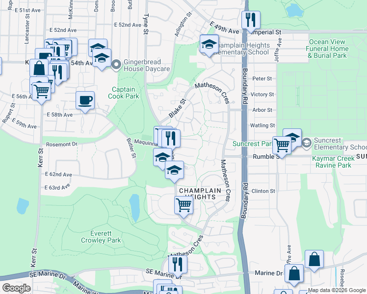 map of restaurants, bars, coffee shops, grocery stores, and more near 3438 Copeland Avenue in Vancouver