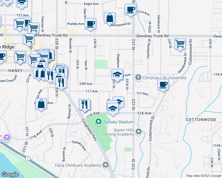 map of restaurants, bars, coffee shops, grocery stores, and more near 23095 117 Avenue in Maple Ridge