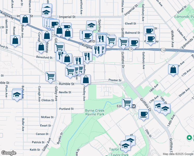 map of restaurants, bars, coffee shops, grocery stores, and more near 6711 Prenter Street in Burnaby