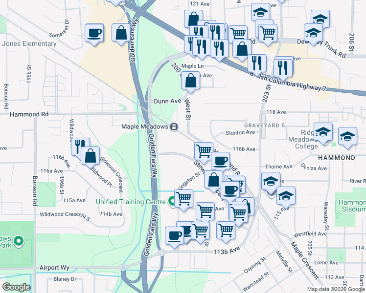 map of restaurants, bars, coffee shops, grocery stores, and more near 20050 Stewart Crescent in Maple Ridge