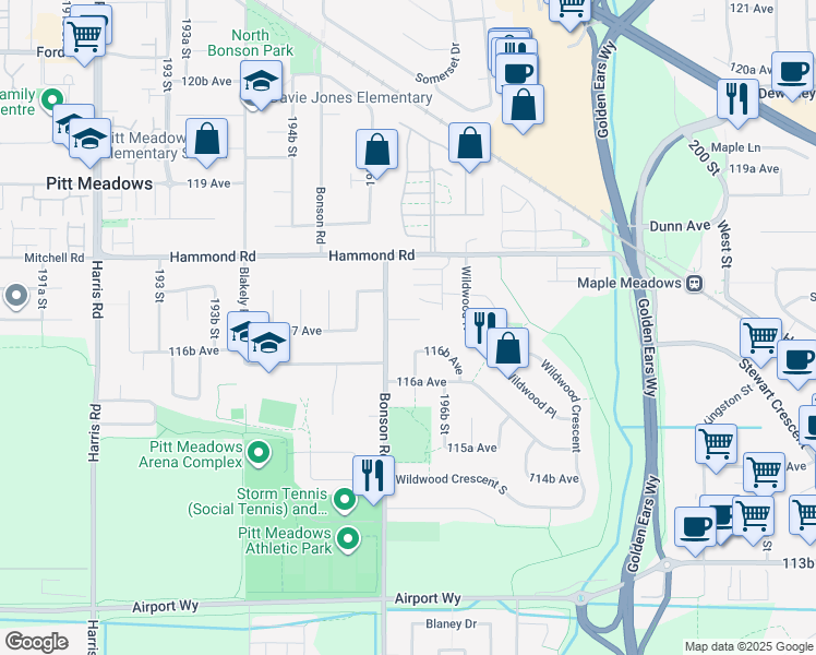 map of restaurants, bars, coffee shops, grocery stores, and more near 19630 117A Avenue in Pitt Meadows