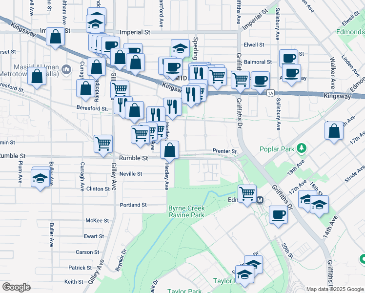 map of restaurants, bars, coffee shops, grocery stores, and more near 6689 Prenter Street in Burnaby