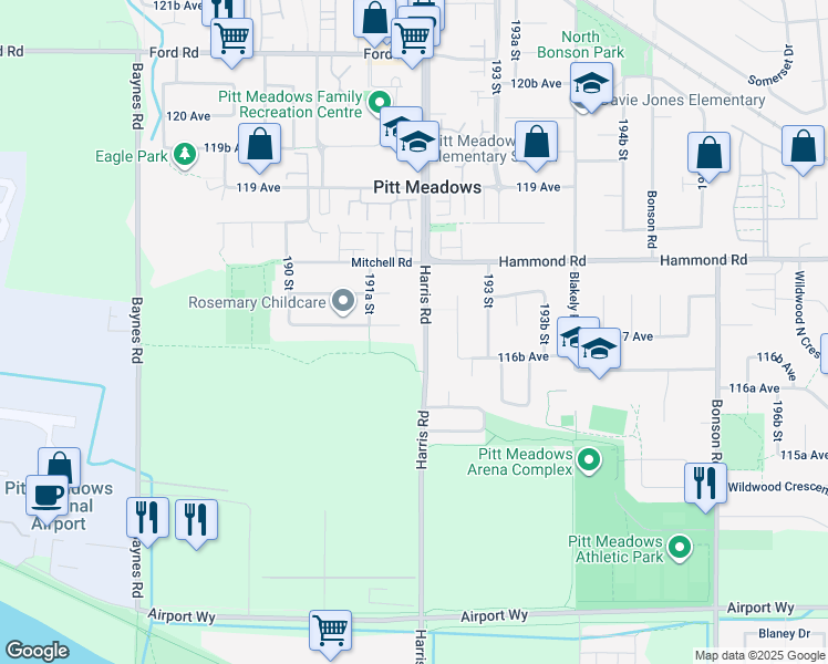 map of restaurants, bars, coffee shops, grocery stores, and more near 11715 Harris Road in Pitt Meadows