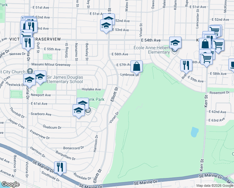 map of restaurants, bars, coffee shops, grocery stores, and more near 7592 Elliott Street in Vancouver