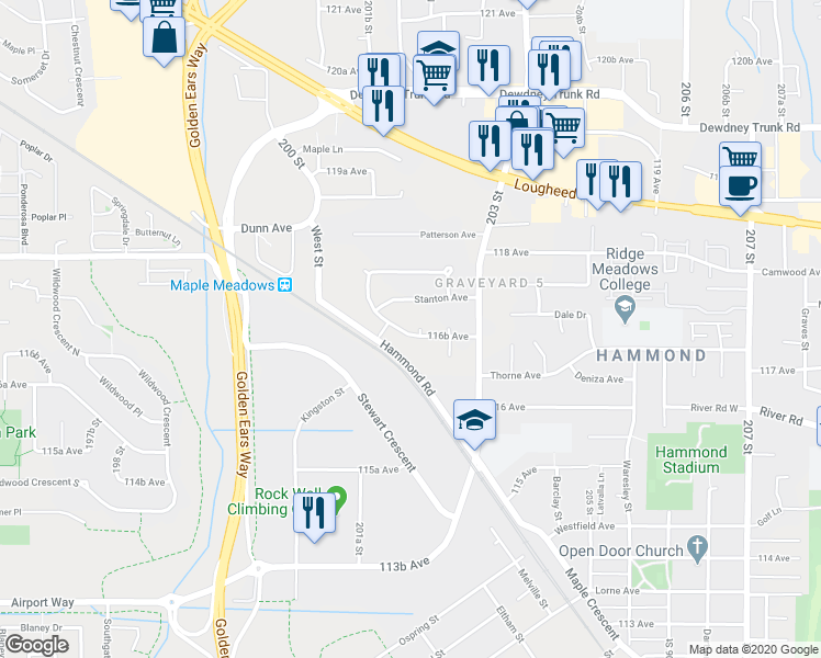 map of restaurants, bars, coffee shops, grocery stores, and more near 11683 202A Street in Maple Ridge