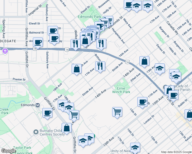 map of restaurants, bars, coffee shops, grocery stores, and more near 7240 16th Avenue in Burnaby