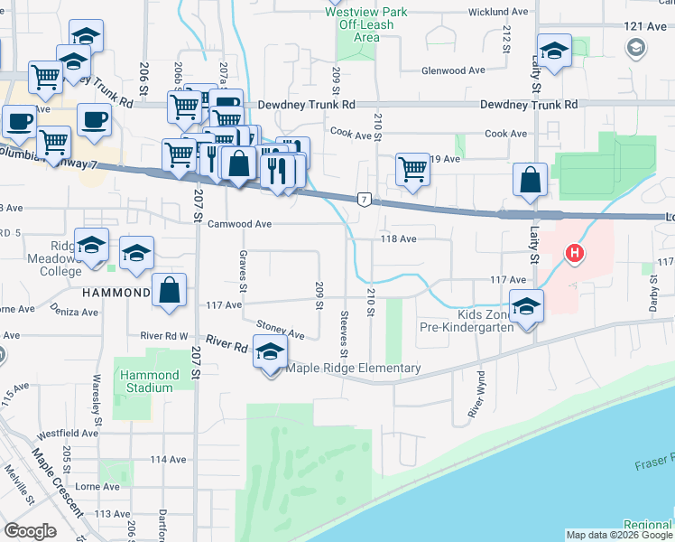 map of restaurants, bars, coffee shops, grocery stores, and more near in Maple Ridge