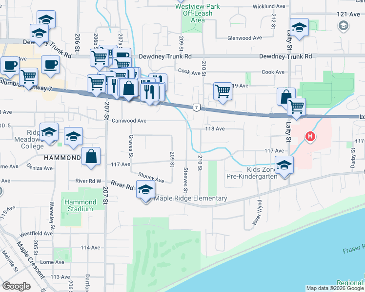 map of restaurants, bars, coffee shops, grocery stores, and more near 11735 Steeves Street in Maple Ridge