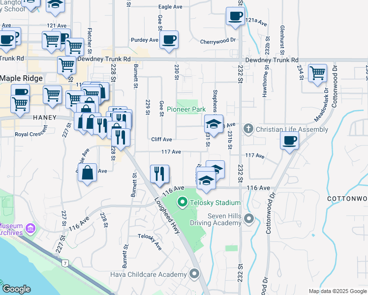 map of restaurants, bars, coffee shops, grocery stores, and more near 23035 117 Avenue in Maple Ridge