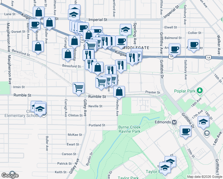 map of restaurants, bars, coffee shops, grocery stores, and more near 7532 Conway Avenue in Burnaby