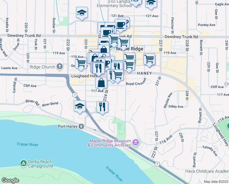 map of restaurants, bars, coffee shops, grocery stores, and more near 11703 Fraser Street in Maple Ridge