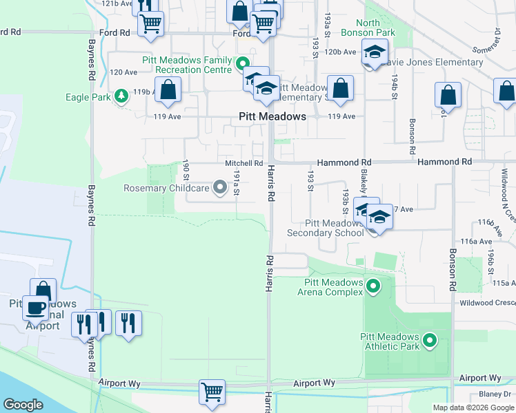 map of restaurants, bars, coffee shops, grocery stores, and more near 19178 117A Avenue in Pitt Meadows