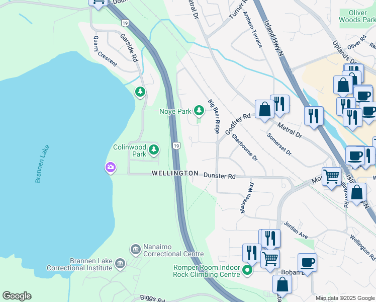 map of restaurants, bars, coffee shops, grocery stores, and more near 141 Grace Place in Nanaimo