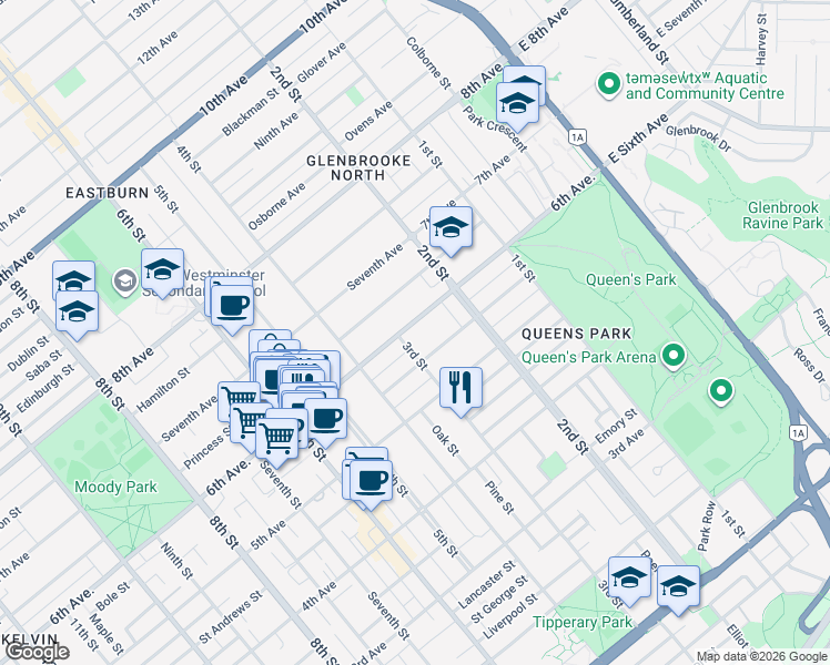 map of restaurants, bars, coffee shops, grocery stores, and more near 234 6th Avenue in New Westminster