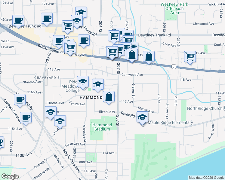 map of restaurants, bars, coffee shops, grocery stores, and more near 20681 Thorne Avenue in Maple Ridge