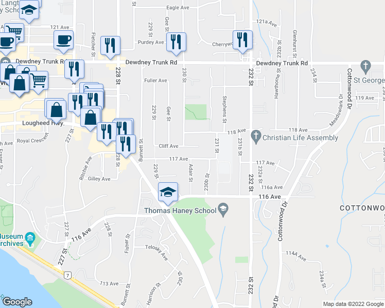 map of restaurants, bars, coffee shops, grocery stores, and more near 23035 117 Avenue in Maple Ridge