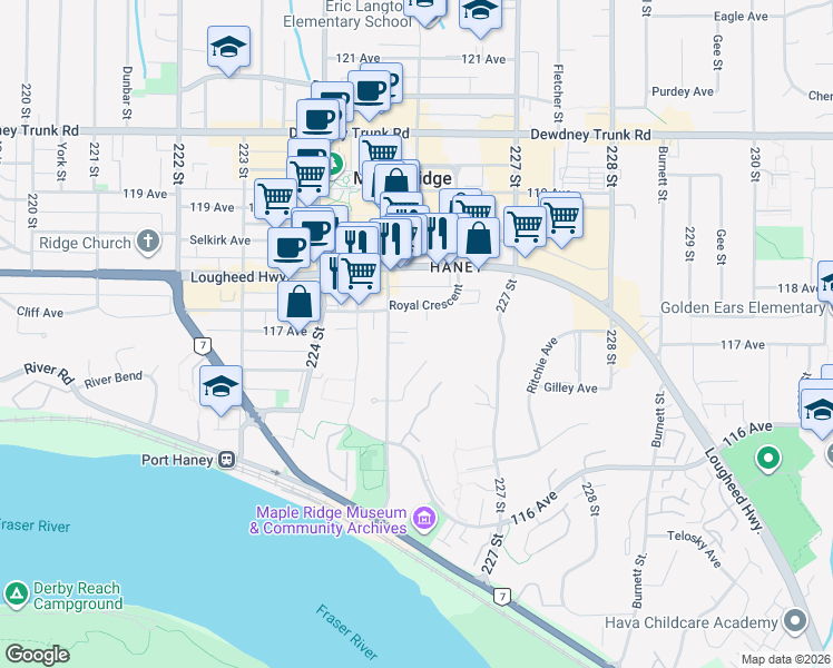 map of restaurants, bars, coffee shops, grocery stores, and more near 22529 Brickwood Close in Maple Ridge