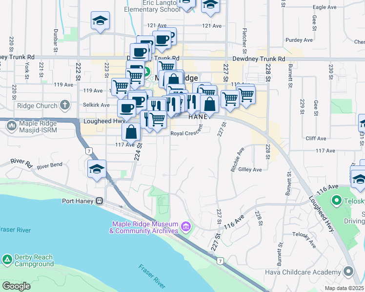 map of restaurants, bars, coffee shops, grocery stores, and more near 11726 225 Street in Maple Ridge