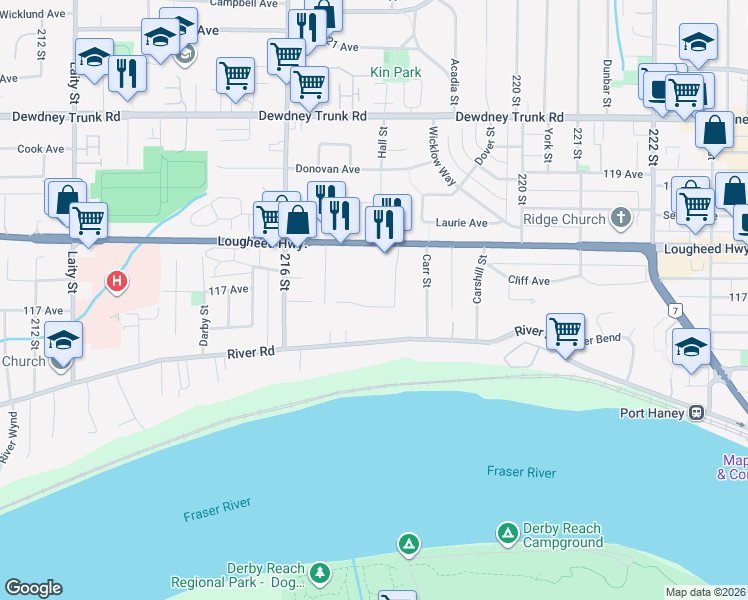 map of restaurants, bars, coffee shops, grocery stores, and more near 21759 117 Avenue in Maple Ridge
