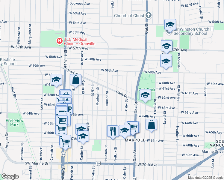 map of restaurants, bars, coffee shops, grocery stores, and more near Park Drive in Vancouver