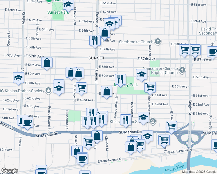 map of restaurants, bars, coffee shops, grocery stores, and more near 754 East 60th Avenue in Vancouver