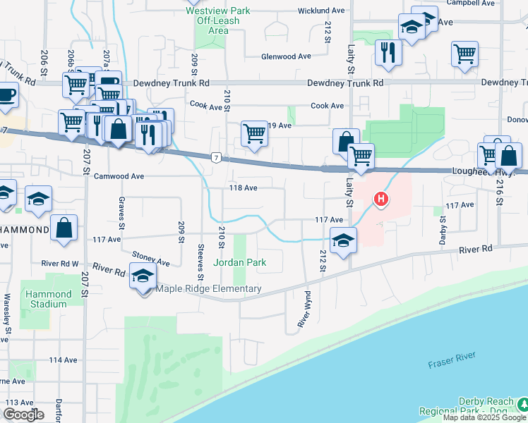 map of restaurants, bars, coffee shops, grocery stores, and more near 21064 Barker Avenue in Maple Ridge