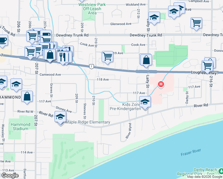 map of restaurants, bars, coffee shops, grocery stores, and more near 21109 117 Avenue in Maple Ridge