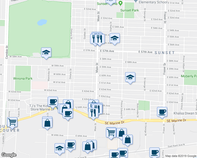 map of restaurants, bars, coffee shops, grocery stores, and more near 7656 Main Street in Vancouver