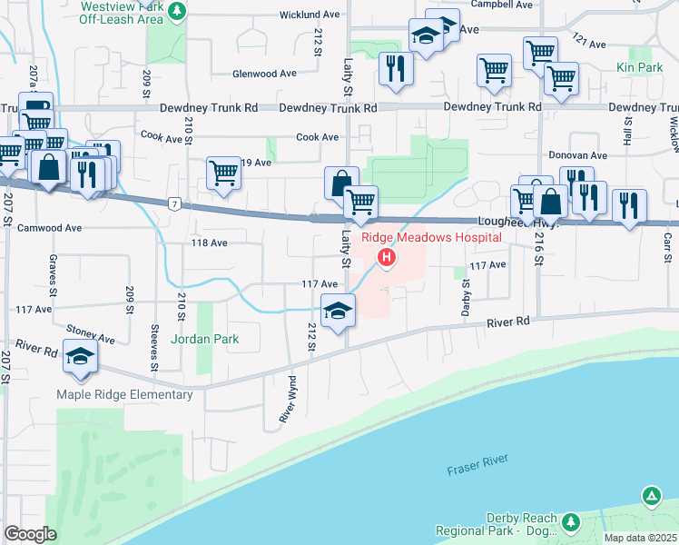 map of restaurants, bars, coffee shops, grocery stores, and more near 11721 Laity Street in Maple Ridge