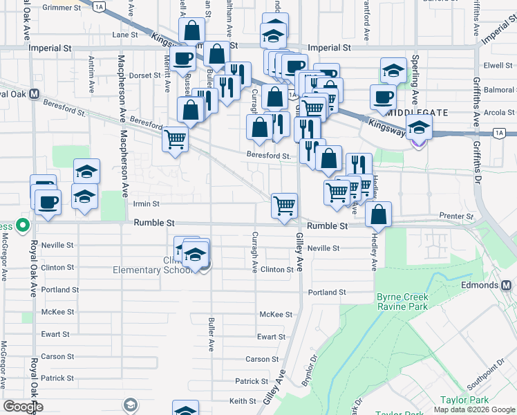 map of restaurants, bars, coffee shops, grocery stores, and more near 6118 Irmin Street in Burnaby