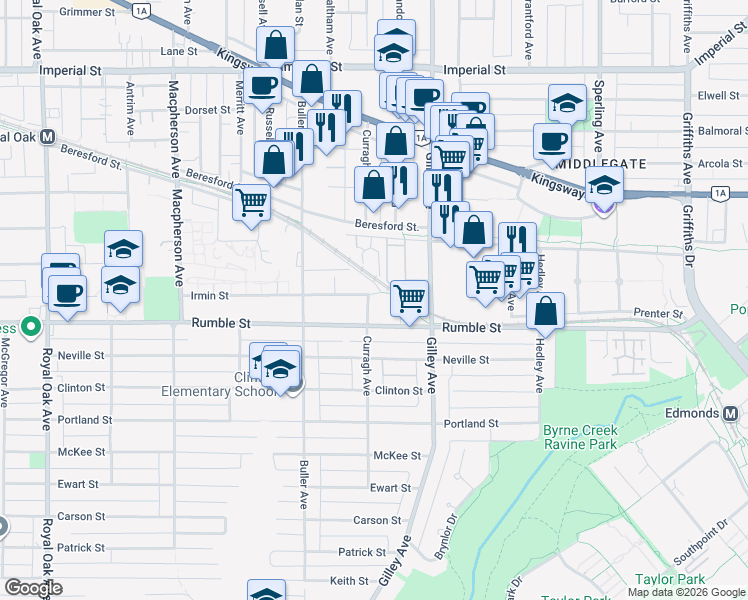 map of restaurants, bars, coffee shops, grocery stores, and more near 6118 Irmin Street in Burnaby