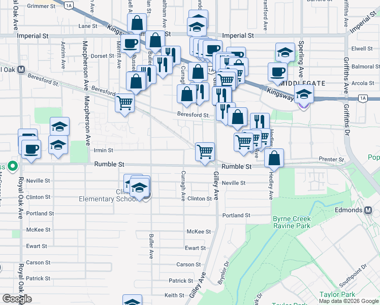 map of restaurants, bars, coffee shops, grocery stores, and more near 6136 Irmin Street in Burnaby