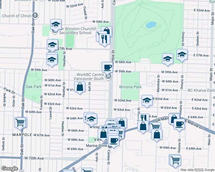 map of restaurants, bars, coffee shops, grocery stores, and more near in Vancouver