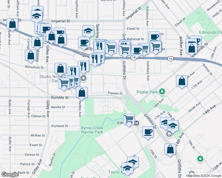 map of restaurants, bars, coffee shops, grocery stores, and more near 6893 Prenter Street in Burnaby