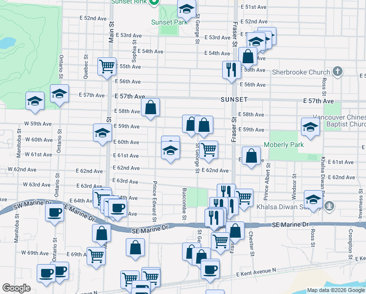 map of restaurants, bars, coffee shops, grocery stores, and more near 460 East 60th Avenue in Vancouver
