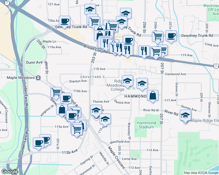 map of restaurants, bars, coffee shops, grocery stores, and more near 11730 Pinda Place in Maple Ridge