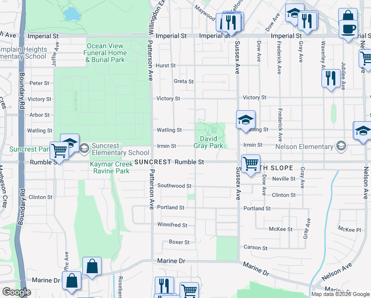 map of restaurants, bars, coffee shops, grocery stores, and more near 4258 Irmin Street in Burnaby