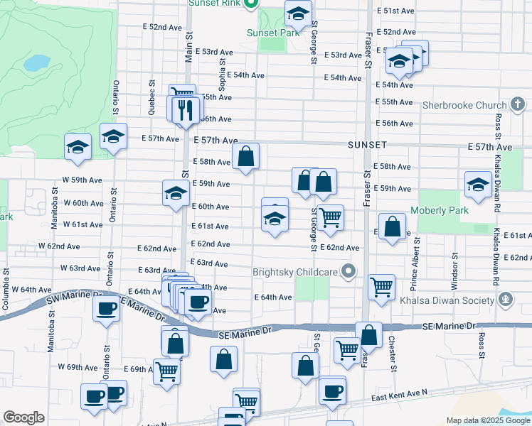 map of restaurants, bars, coffee shops, grocery stores, and more near 410 East 60th Avenue in Vancouver