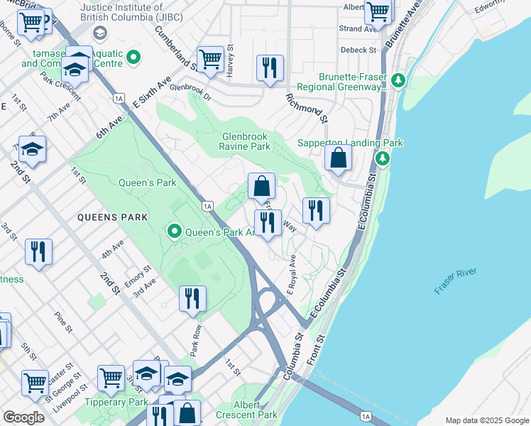 map of restaurants, bars, coffee shops, grocery stores, and more near 270 Francis Way in New Westminster