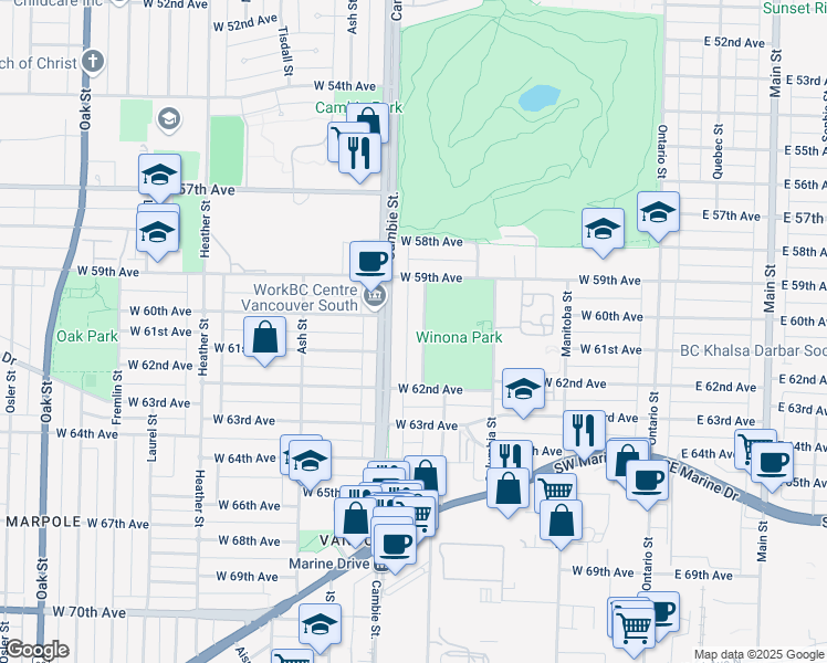 map of restaurants, bars, coffee shops, grocery stores, and more near 7649 Yukon Street in Vancouver